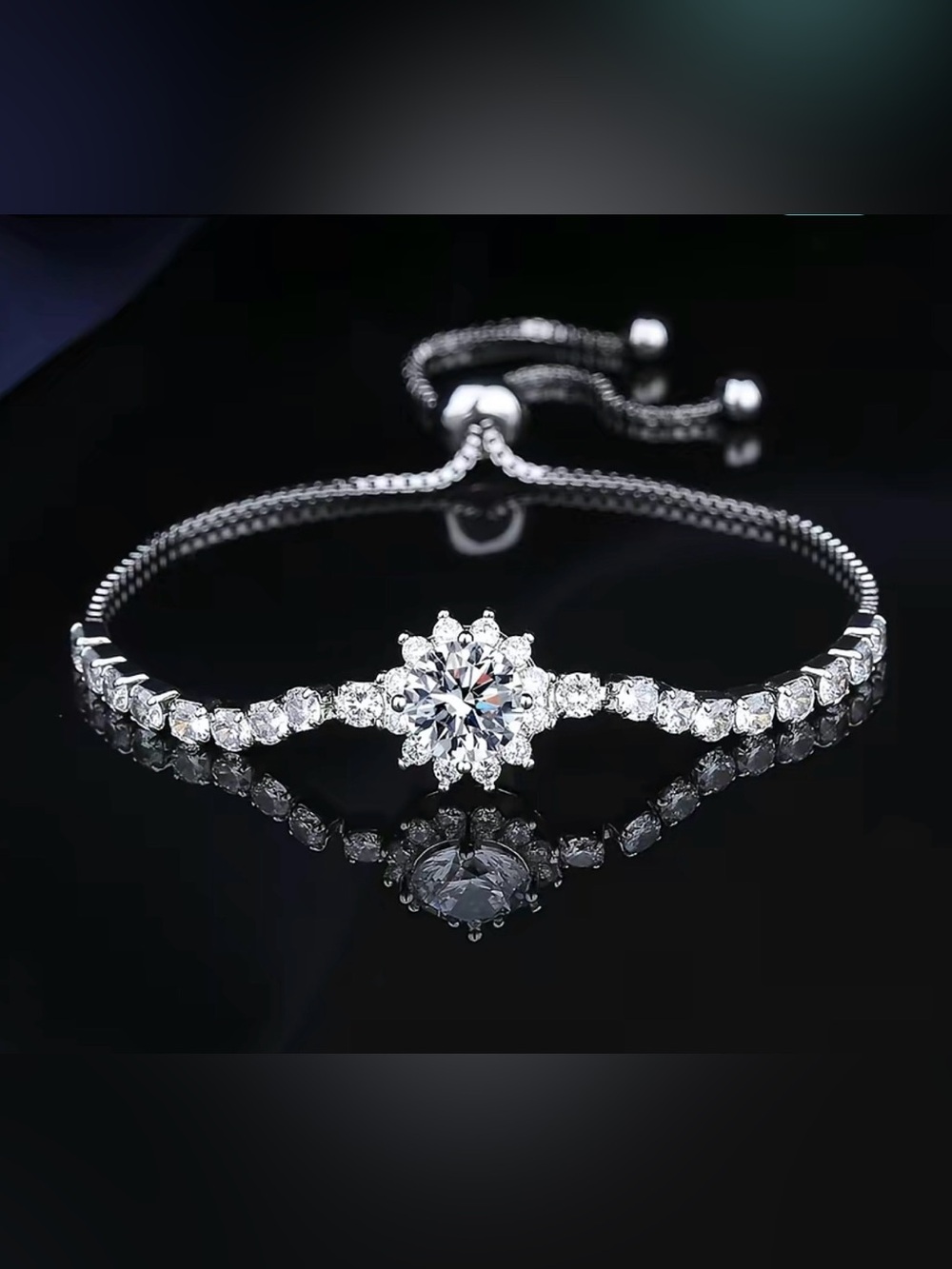 Silver-Tone Cubic Zirconia Floral Tennis Adjustable Bracelet - White